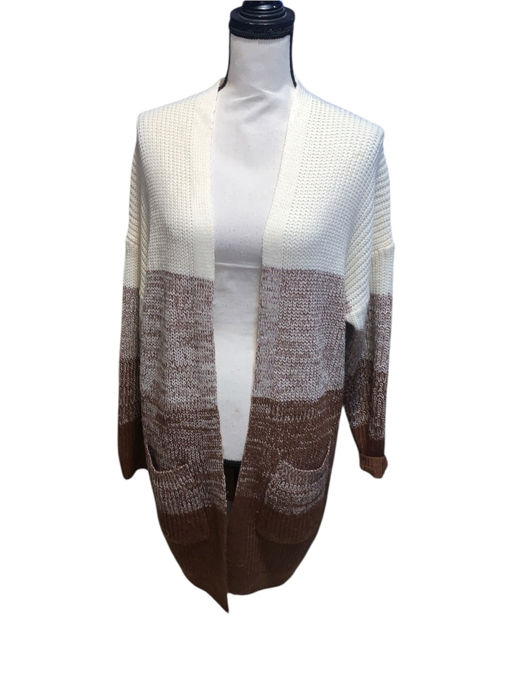 Main Strip Cozy Colorblock Open-Front Women's Cardigan Cream & Brown Pockets